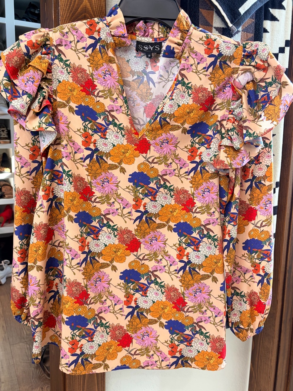 SSYS Peach Floral Ruffle Sleeve V-Neck Blouse